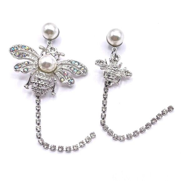 Silver with White and AB Crystal Mismatching Bees Post Back Earrings - Picture 5 of 8